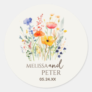 Farbenfrohe Wildblumen Beige Monogramm Foto Hochze Runder Aufkleber
