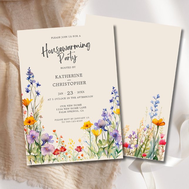 Farbenfrohe Wildblumen Benutzerdefiniertes Party Einladung (Colorful Watercolor Wildflowers Housewarming Party Invitation with Couple's Names, Details.)