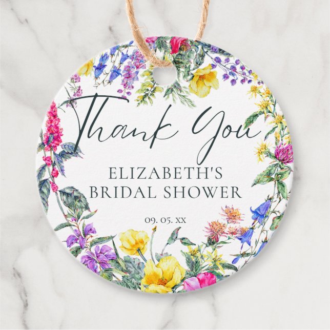 Farbenfrohe Wildblumen Blumenkalligrafie Geschenkanhänger (Vorderseite)