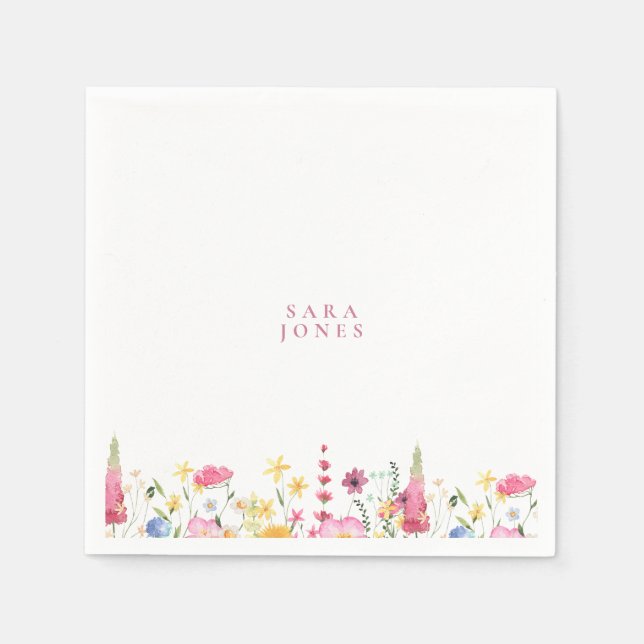 Farbenfrohe Wildblumen Custom Pink Name Baby Dusch Serviette (Vorderseite)