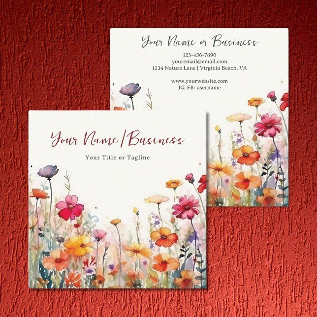 Farbenfrohe Wildblumen Der blühende Blumengarten Quadratische Visitenkarte (Front and Back - Colorful Wildflowers Vibrant Flower Garden Floral Square Business Card)