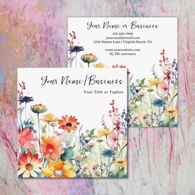 Farbenfrohe Wildblumen Der blühende Blumengarten Quadratische Visitenkarte (Front and Back - Colorful Wildflowers Vibrant Flower Garden Floral Square Business Card)