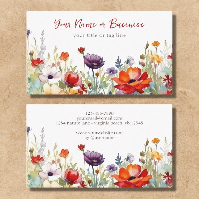 Farbenfrohe Wildblumen Der blühende Blumengarten Visitenkarte (Front and Back - Colorful Wildflowers Vibrant Flower Garden Floral Business Card)