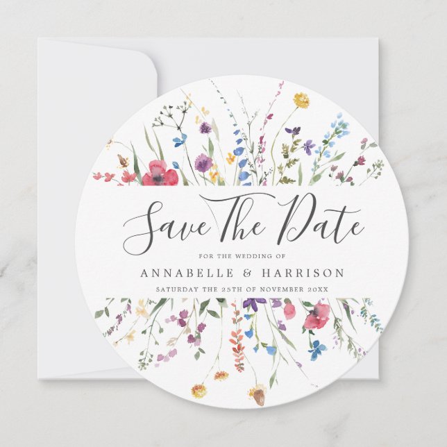 Farbenfrohe Wildblumen, die das Datum speichern Save The Date (Vorderseite)