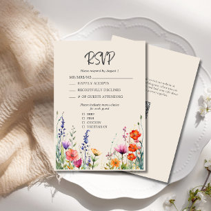 Farbenfrohe Wildblumen Elegante Beige Hochzeit RSVP Karte