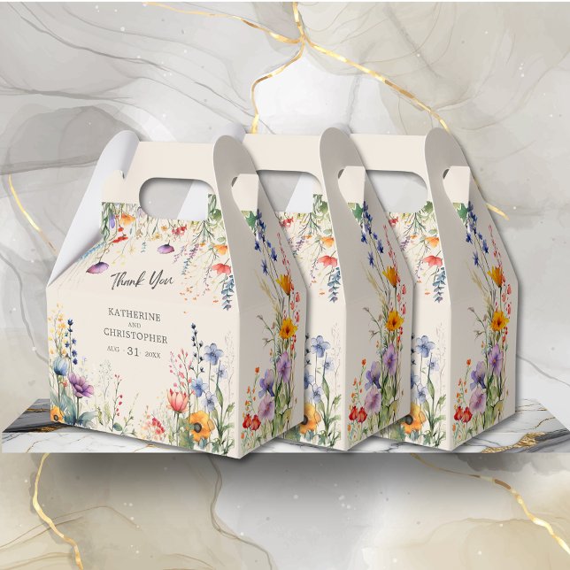 Farbenfrohe Wildblumen Elegante Beige Kleine Hochz Geschenkschachtel (Colorful Wildflowers Wedding Favor Treats Box with purple, orange, red flowers, wedding info.)
