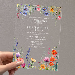 Farbenfrohe Wildblumen Elegante Hochzeit Klar Acryleinladungen