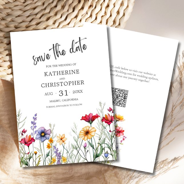 Farbenfrohe Wildblumen Elegante Hochzeit Save The Date (Colorful Wildflowers Elegant Watercolor Save the Date with QR Code, Pink Purple Yellow Flowers.)