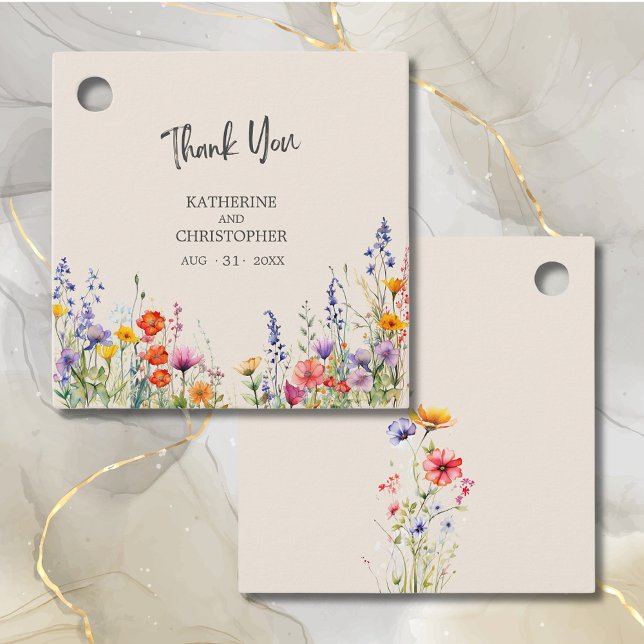 Farbenfrohe Wildblumen Elegante Hochzeit Vielen Da Geschenkanhänger (Colorful Wildflowers Wedding Thank You Tag with wedding info, purple, red, orange, yellow flowers.)