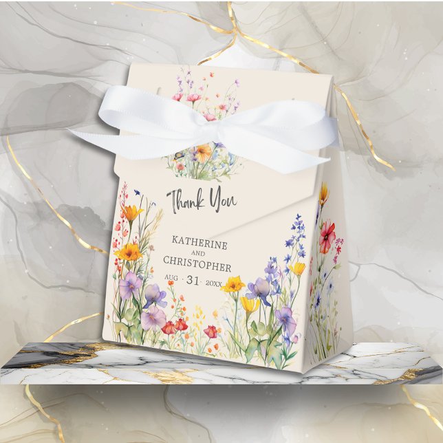 Farbenfrohe Wildblumen Elegante Hochzeit Vielen Da Geschenkschachtel (Colorful Wildflowers Thank You Wedding Favor Bag with Bow has Wedding Details, purple, orange, red.)