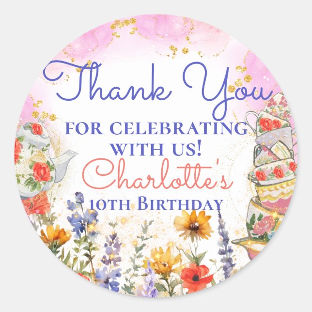 Farbenfrohe Wildblumen Garden Tee Party Danke Runder Aufkleber (Vorderseite)