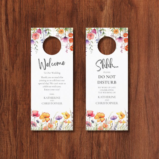 Farbenfrohe Wildblumen Hochzeit, die nicht stören Türanhänger (Colorful Wildflowers Wedding Shhh Do Not Disturb Welcome Door Hanger with Couple Names, Date.)