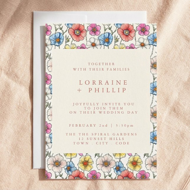 Farbenfrohe Wildblumen Muster Hochzeitseinladung Einladung (Colorful wildflowers pattern wedding invitation.)