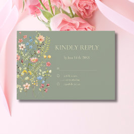 Farbenfrohe Wildblumen Sage & Yellow Wedding RSVP Karte