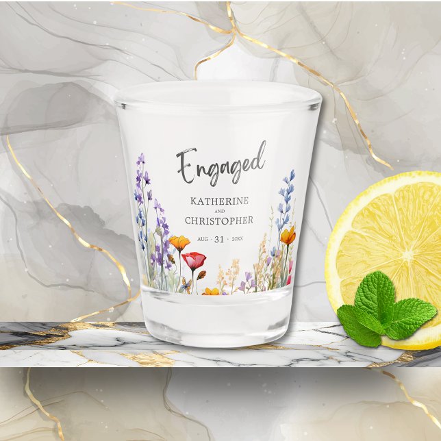 Farbenfrohe Wildblumen, Vertragspartei für benutze Schnapsglas (Custom Engagement Party Shot Glass, Colorful Spring Wildflowers, Elegant Script, Couple Names, Date)