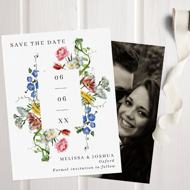 Farbenfrohe, wilde Blume Hochzeit Foto Save The Date (Von Creator hochgeladen)