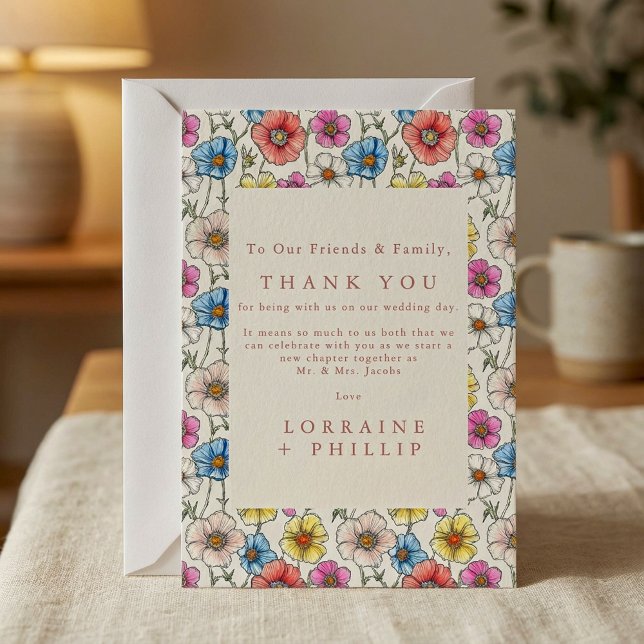 Farbenfrohe wilde Blume nahtlose Muster Hochzeit Dankeskarte (Colourful wild flowers seamless pattern wedding thank you card.)