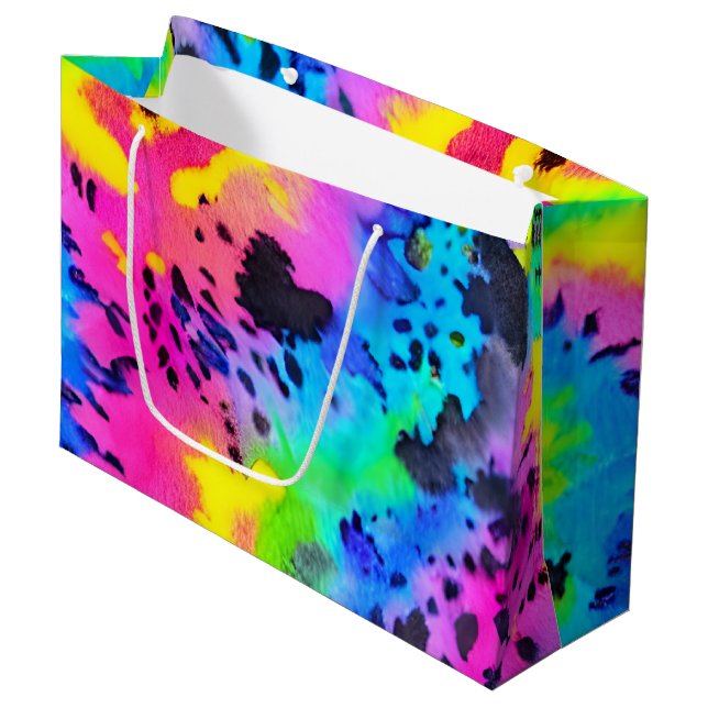 Farbenfrohe wilde Cheetah Tye Dye Muster Große Geschenktüte (Vorderseite Schrägansicht)