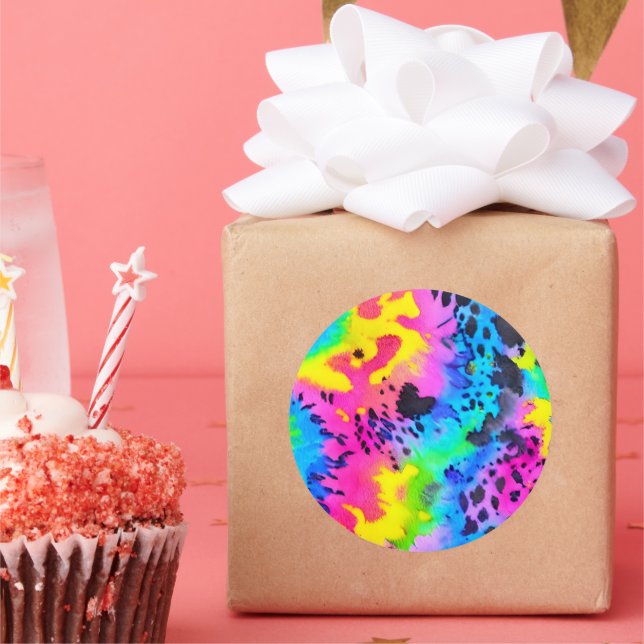 Farbenfrohe wilde Cheetah Tye Dye Muster Runder Aufkleber (Party)