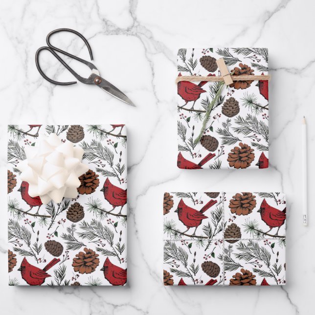 Farbenfrohe Winter Roter Kardinal & Pine Cones Geschenkpapier Set (Vorderseite)