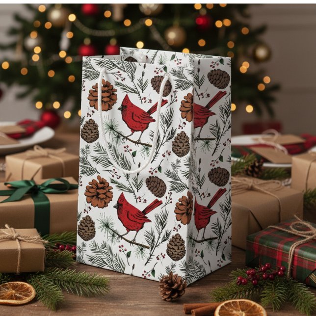 Farbenfrohe Winter Roter Kardinal & Pine Cones Kleine Geschenktüte (Elegant Red Cardinal Gift Bags. Rustic Cardinal Birds, Pinecones, Pine Winter Xmas Pattern in White.)