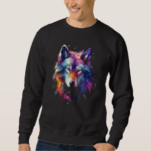 Farbenfrohe Wolf Face Watercolor Wolf Art Motif Sweatshirt