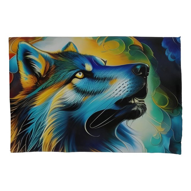 Farbenfrohe Wolf Howl Kissenbezug (Vorderseite)