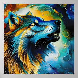 Farbenfrohe Wolf Howl Poster