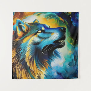 Farbenfrohe Wolf Howl Wandteppich