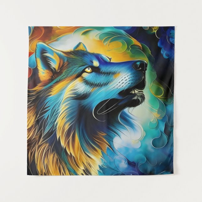 Farbenfrohe Wolf Howl Wandteppich (Vorderseite)
