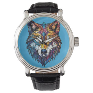 Farbenfrohe Wolf-Silhouette aus Mosaikglas Armbanduhr
