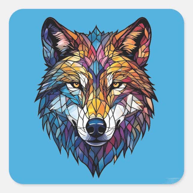 Farbenfrohe Wolf-Silhouette aus Mosaikglas Quadratischer Aufkleber (Vorderseite)