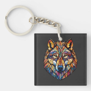 Farbenfrohe Wolf-Silhouette aus Mosaikglas Schlüsselanhänger