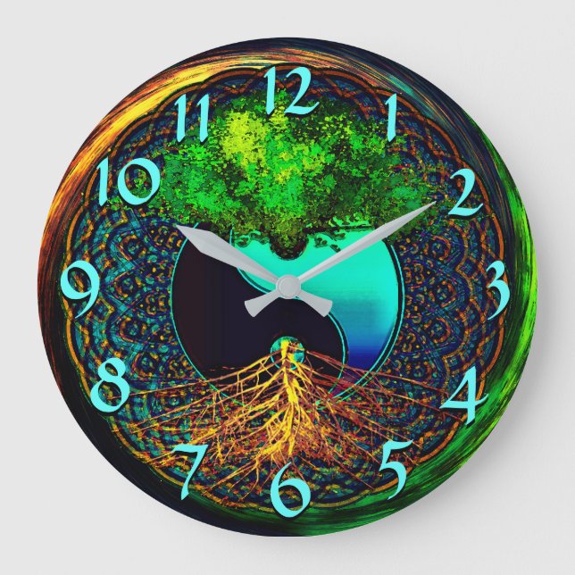 Farbenfrohe Yin Yang mit Baum des Lebens Große Wanduhr (Vorderseite)