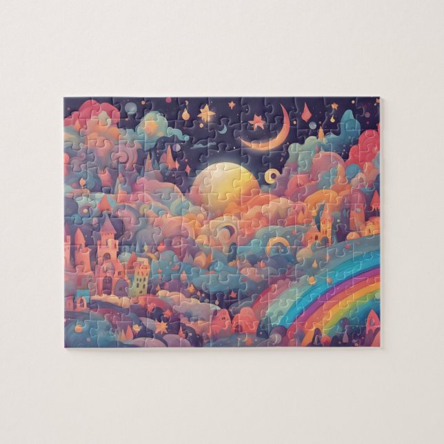 Farbenfrohe Zauberwelt mit Mond und Regenbogen Puzzle (Horizontal)