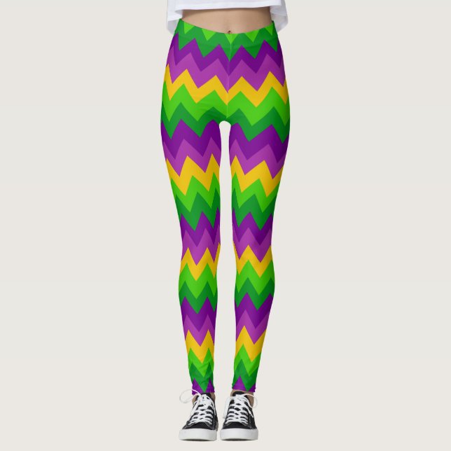 Farbenfrohe Zig Zag Streifen Mardi Gras Karneval P Leggings (Vorderseite)