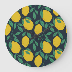 Farbenfrohe Zitronen: Handgezogene Dynamik. Große Wanduhr