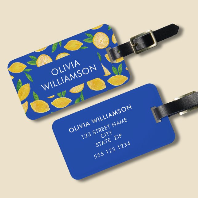 Farbenfrohe Zitrusfrüchte Gepäckanhänger (Lemon pattern personalised luggage tag with blue background.)