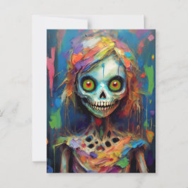 Farbenfrohe Zombie-Puppe mit roten Augen Postkarte