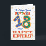 Farbenfroher 18. Geburtstag für Special Brother Karte<br><div class="desc">Eine farbenfrohe 18. Geburtstagskarte für einen "ganz besonderen Bruder",  mit einer gemusterten Nummer 18 und dem Wort "Bruder",  mit goldenem Effekt-Konturen,  auf einem leicht strukturierten Hintergrund.</div>