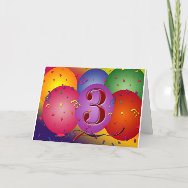 Farbenfroher 3. Geburtstagsballon Karte (Vorderseite)