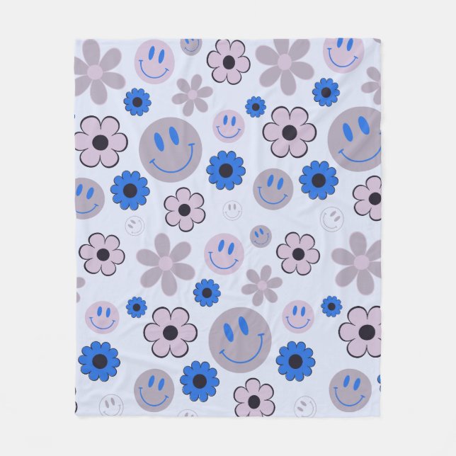 Farbenfroher 70er Groovy Blume Smile Face Pattern Fleecedecke (Vorderseite)