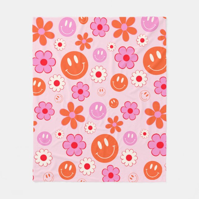 Farbenfroher 70er Groovy Blume Smile Face Pattern Fleecedecke (Vorderseite)