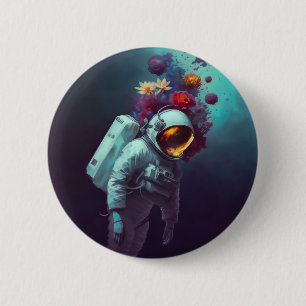 Farbenfroher Astronaut im Weltraum mit Blume Kunst Button