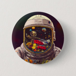 Farbenfroher Astronaut im Weltraum mit Blume Kunst Button