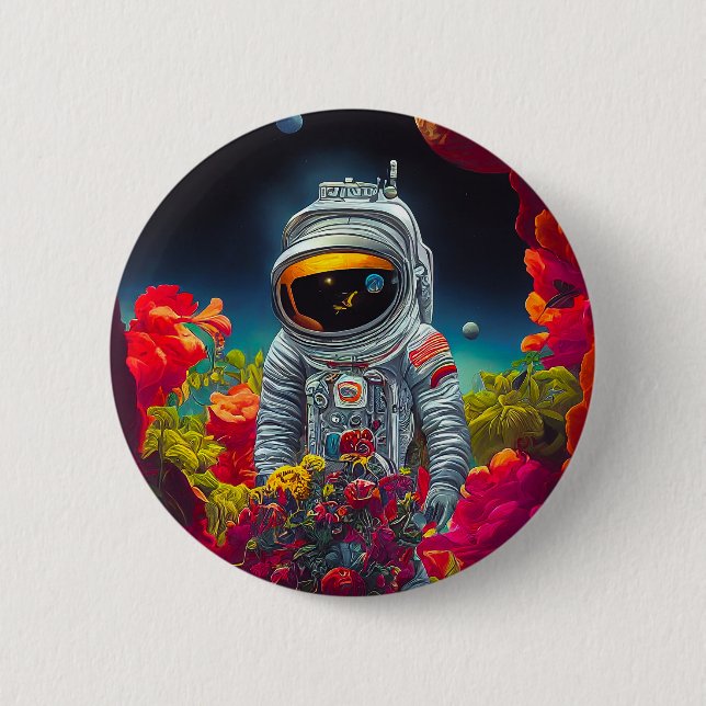 Farbenfroher Astronaut im Weltraum mit Blume Kunst Button (Vorderseite)