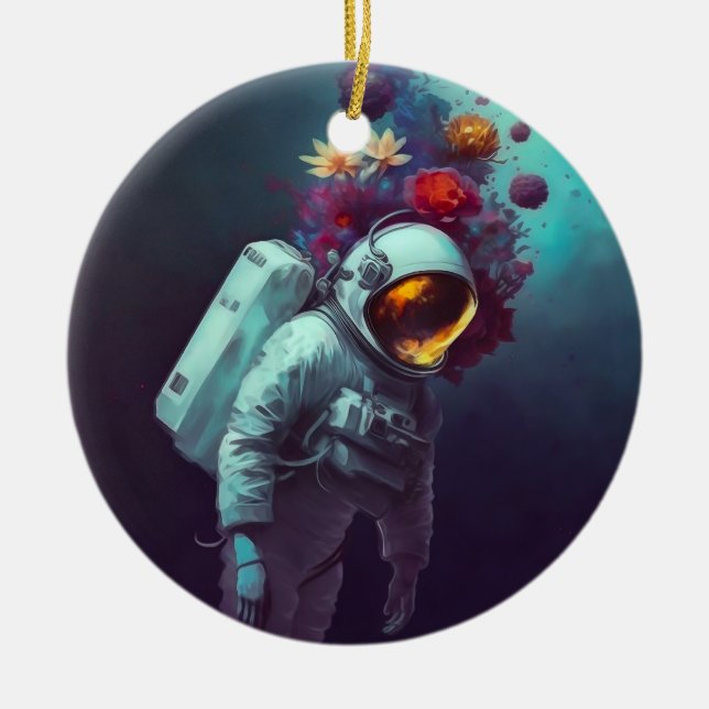 Farbenfroher Astronaut im Weltraum mit Blume Kunst Keramik Ornament (Vorne)