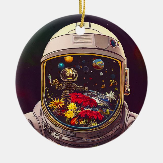 Farbenfroher Astronaut im Weltraum mit Blume Kunst Keramik Ornament (Vorne)