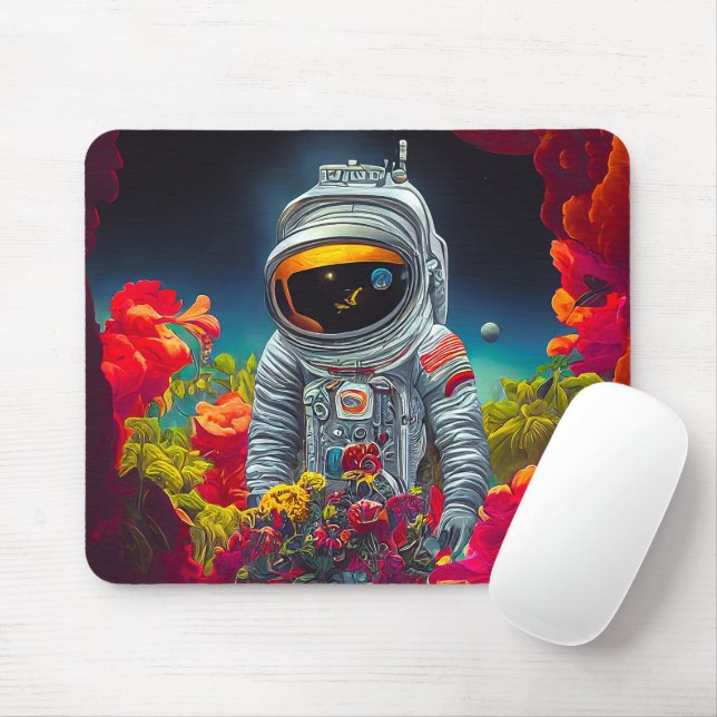 Farbenfroher Astronaut im Weltraum mit Blume Kunst Mousepad (Mit Mouse)