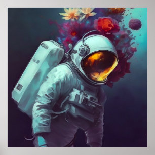 Farbenfroher Astronaut im Weltraum mit Blume Kunst Poster
